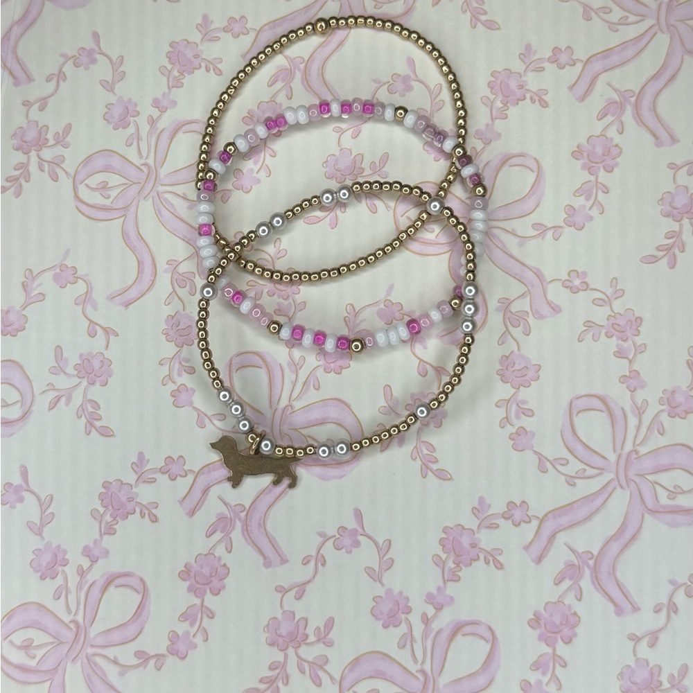 Gold E Newton and Pink Beaded blonde Bracelet Stack Set